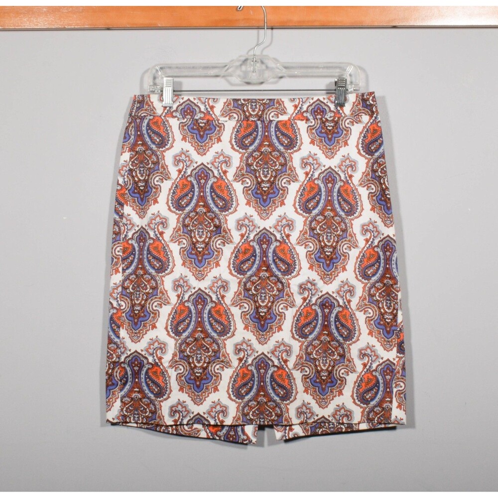 J. Crew Stretch 37532 White Purple Orange Paisley Cotton Pencil Skirt Sz 8